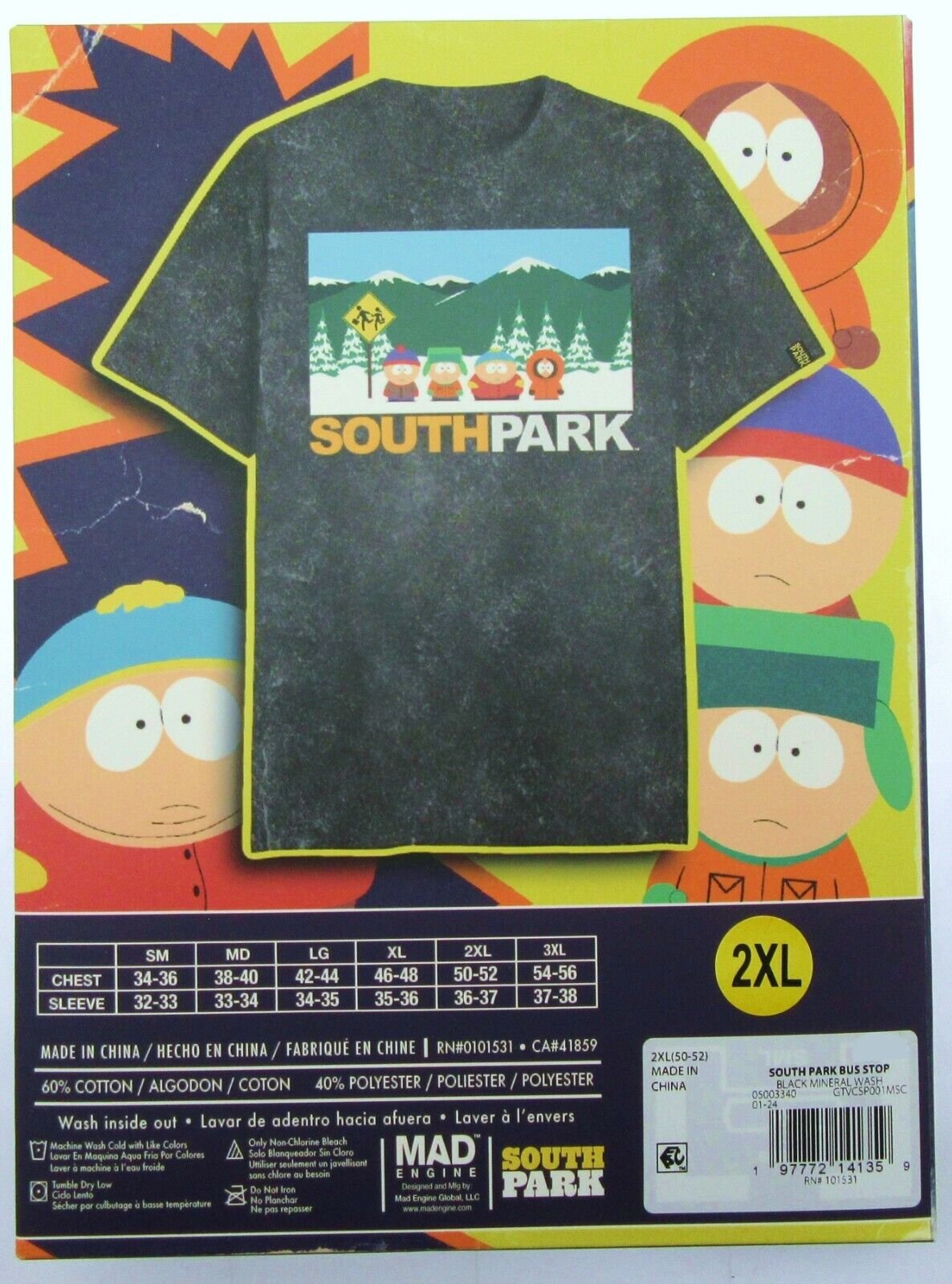 South Park ~ T-Shirt  ~ Size 2XL ~ Bus Stop ~ Black Mineral Wash
