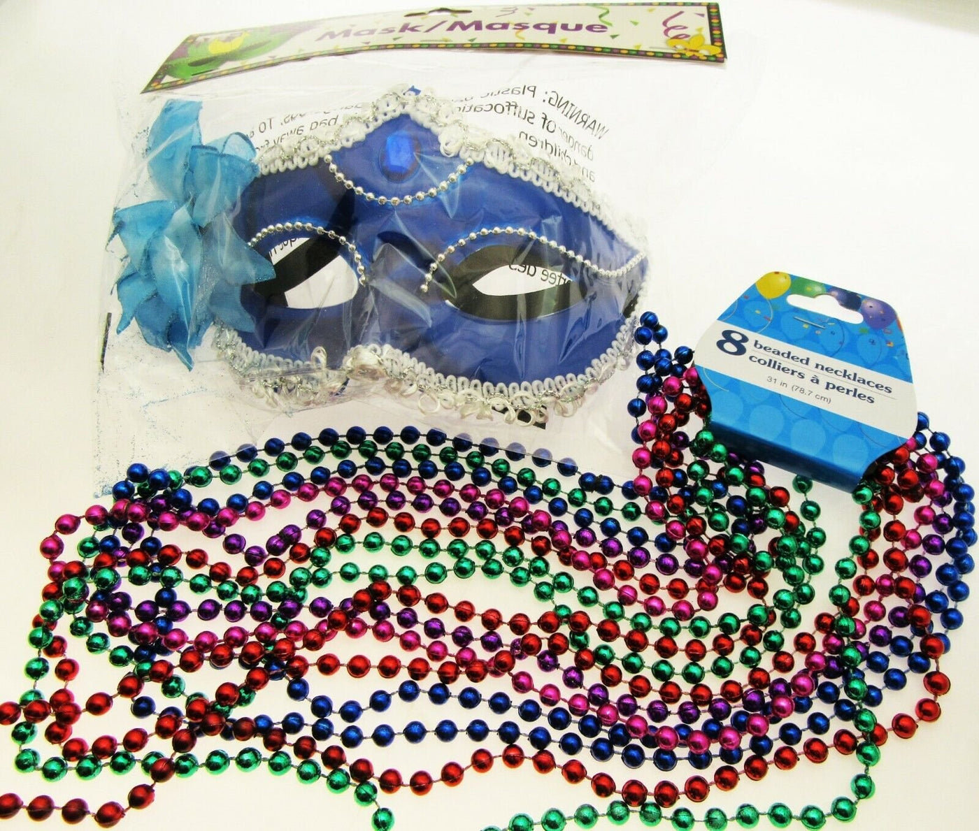 Mardi Gras Eye Mask & Necklaces Costume Mascaraed Parade New Orleans Blue Party