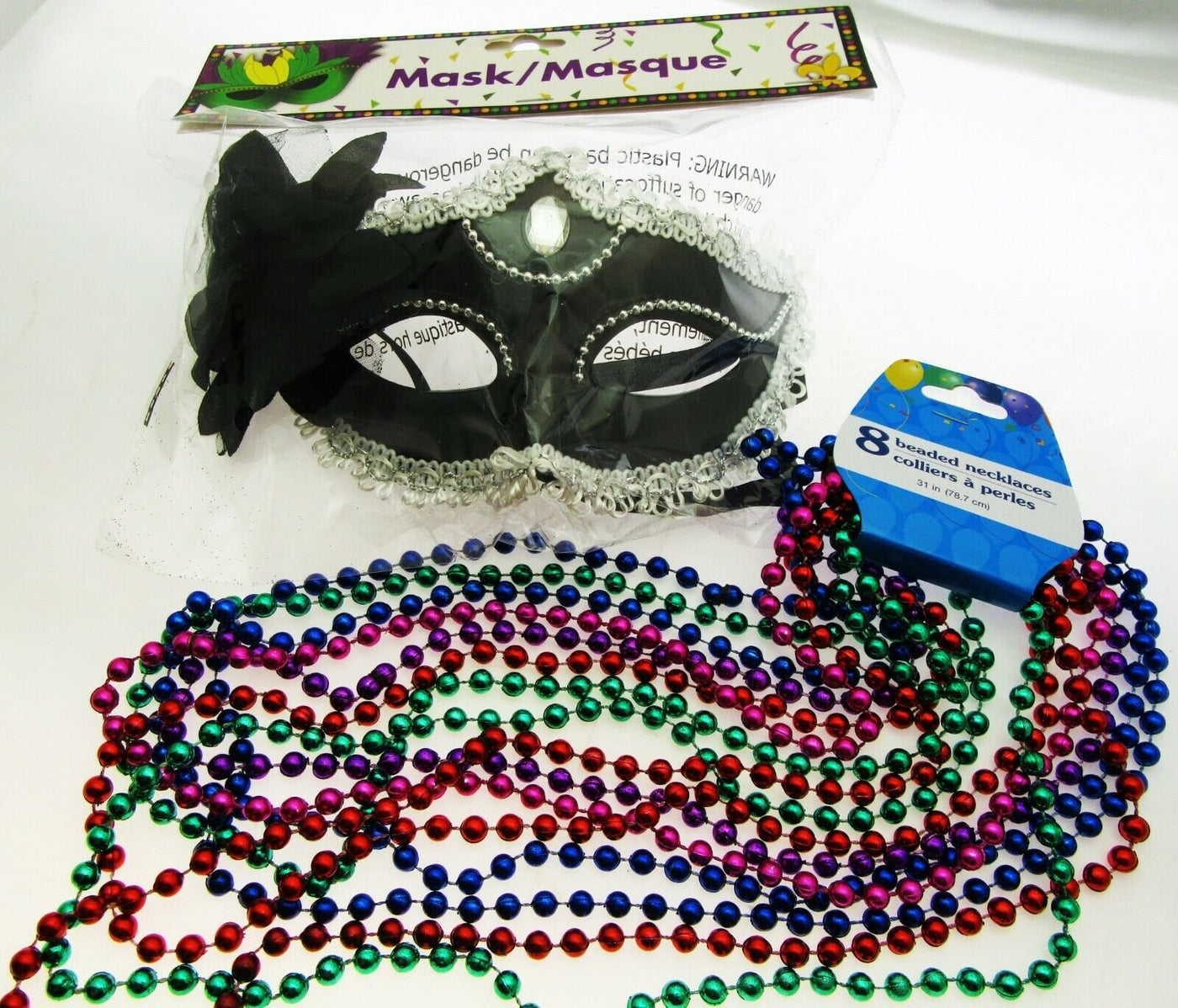 Mardi Gras Eye Mask & Necklaces Costume Mascaraed Parade New Orleans Blac Party