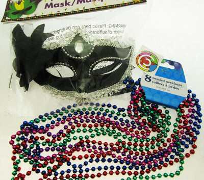 Mardi Gras Eye Mask & Necklaces Costume Mascaraed Parade New Orleans Blac Party