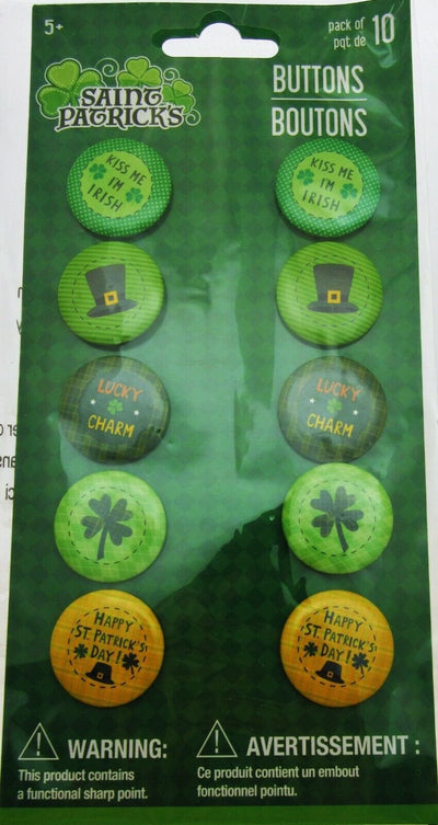 Saint Patrick's Day Pins 10 pack ~ Kiss Me I'm Irish Lucky Charm Clover