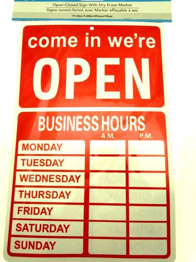 OPEN CLOSED Business Hours Sign with Wet Dry Marker - 11.4" x 7.48" Red