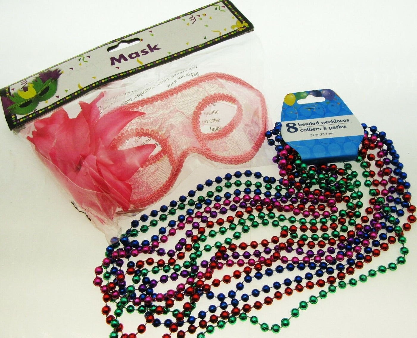 Mardi Gras Eye Mask & Necklaces Costume Mascaraed Parade New Orleans Pink Party