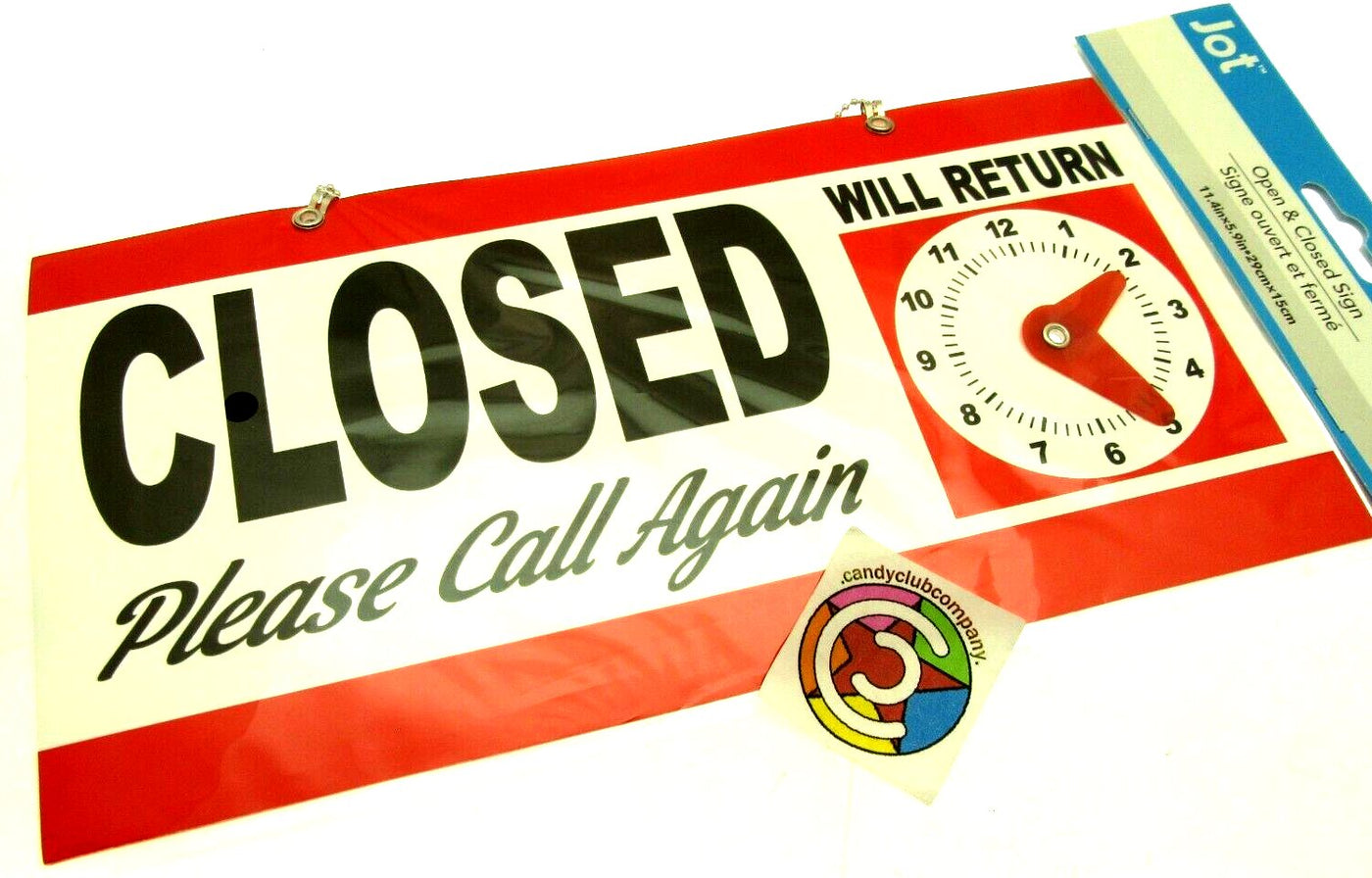 OPEN CLOSED Will Return Clock Sign with Hanger for Door Will Return - Red