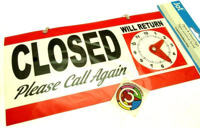 OPEN CLOSED Will Return Clock Sign with Hanger for Door Will Return - Red