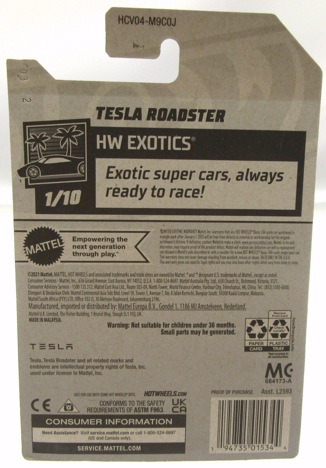 Hot Wheels Exotics ~ Tesla Roadster ~ Silver ~ 1:64 Scale