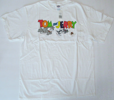 Tom and Jerry White T-Shirt ~ Large ~ cat & mouse Cartoon w/ bull dog Spike