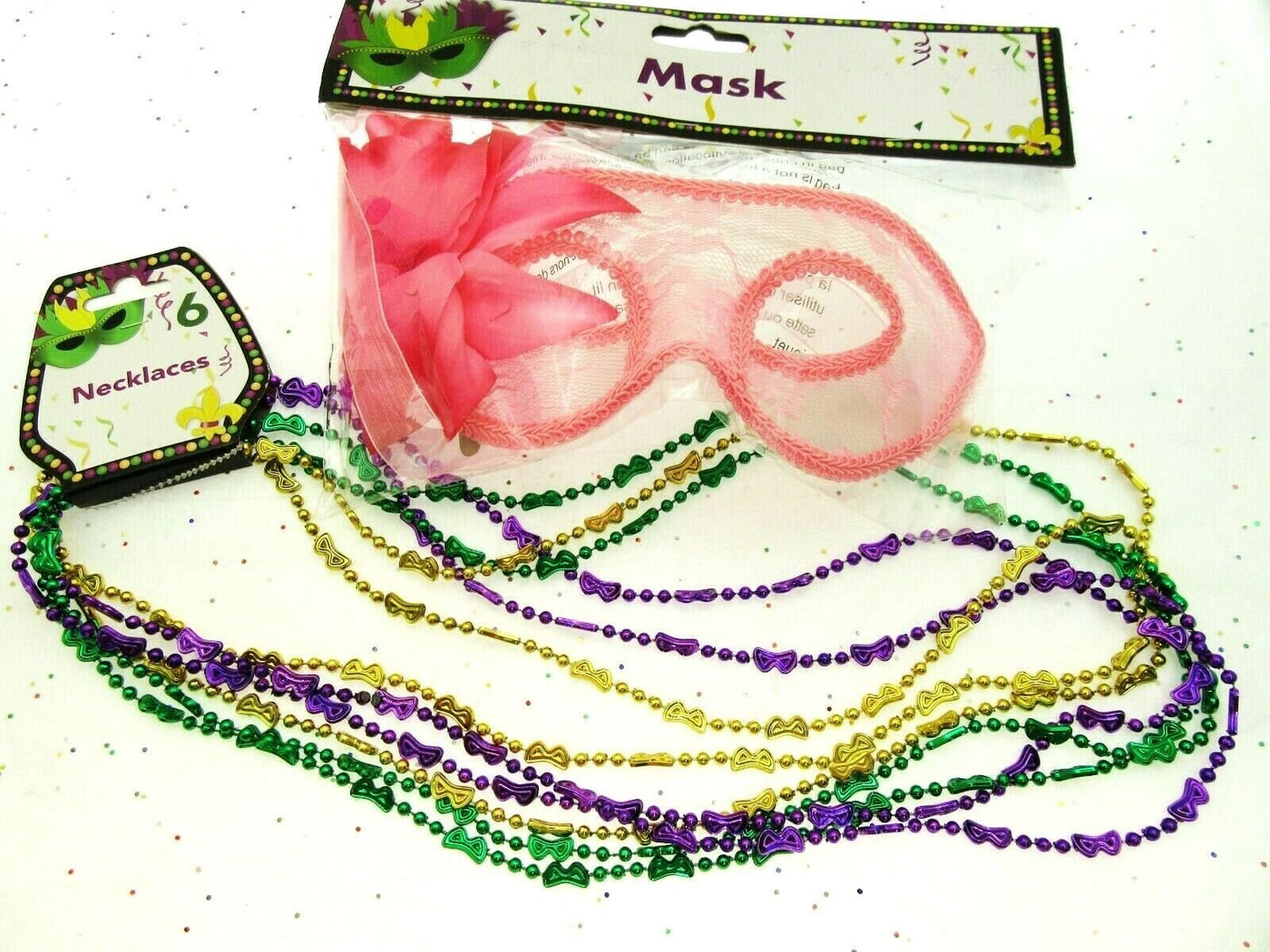 Mardi Gras Eye Mask & Necklaces Costume Mascaraed Parade New Orleans Party pink