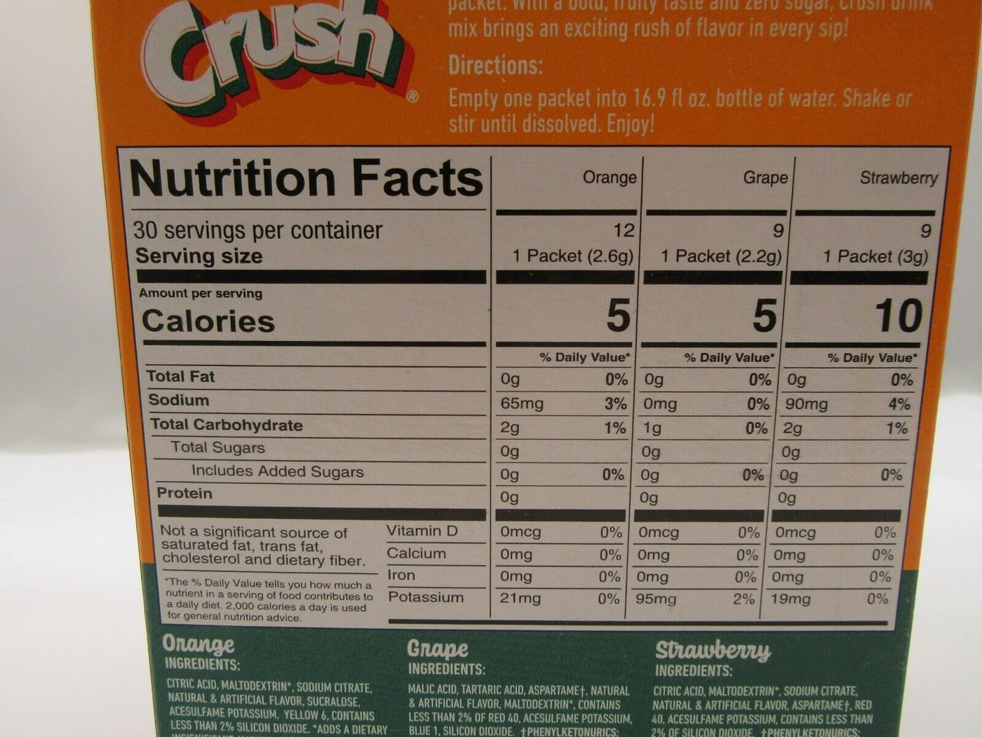 Variety Pack Crush ~ 30 Packets Per Box ~ Sugar Free ~ Drink Mix w/strawberry