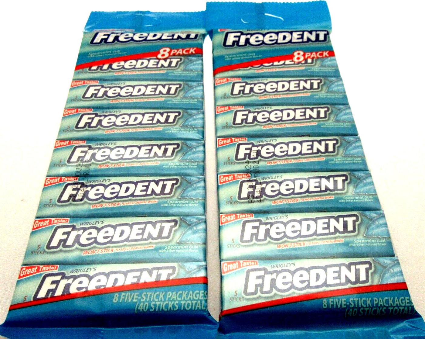 Wrigley's Freedent Gum 8 pack Spearmint 40 Sticks candy ~ Lot of 2 Minty