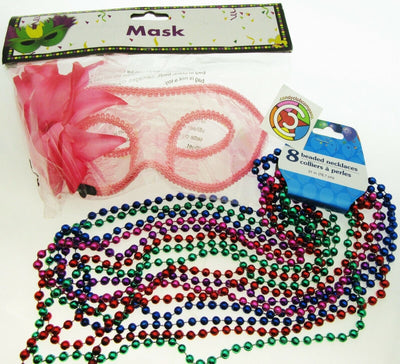 Mardi Gras Eye Mask & Necklaces Costume Mascaraed Parade New Orleans Pink Party