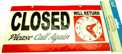 OPEN CLOSED Will Return Clock Sign with Hanger for Door Will Return - Red