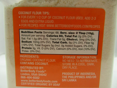 Coconut Flour 36oz - GLUTEN FREE  - USDA Organic - Kosher - Better Body Foods