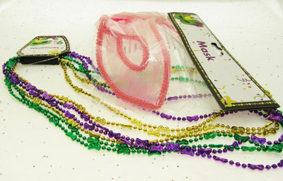 Mardi Gras Eye Mask & Necklaces Costume Mascaraed Parade New Orleans Party pink