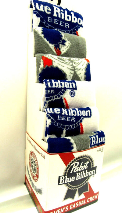 Pabst Blue Ribbon Socks ~ Fits Shoe Size 8-12 ~ Casual Crew ~ 6 Pair