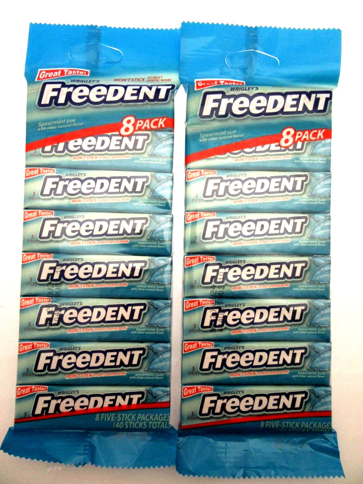 Wrigley's Freedent Gum 8 pack Spearmint 40 Sticks candy ~ Lot of 2 Minty