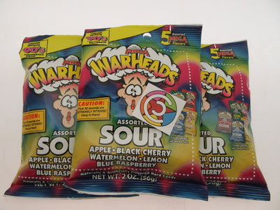 Warheads ~ 2oz bags ~ Extreme SOUR hard candy 5 flavor ~ Lot of 3