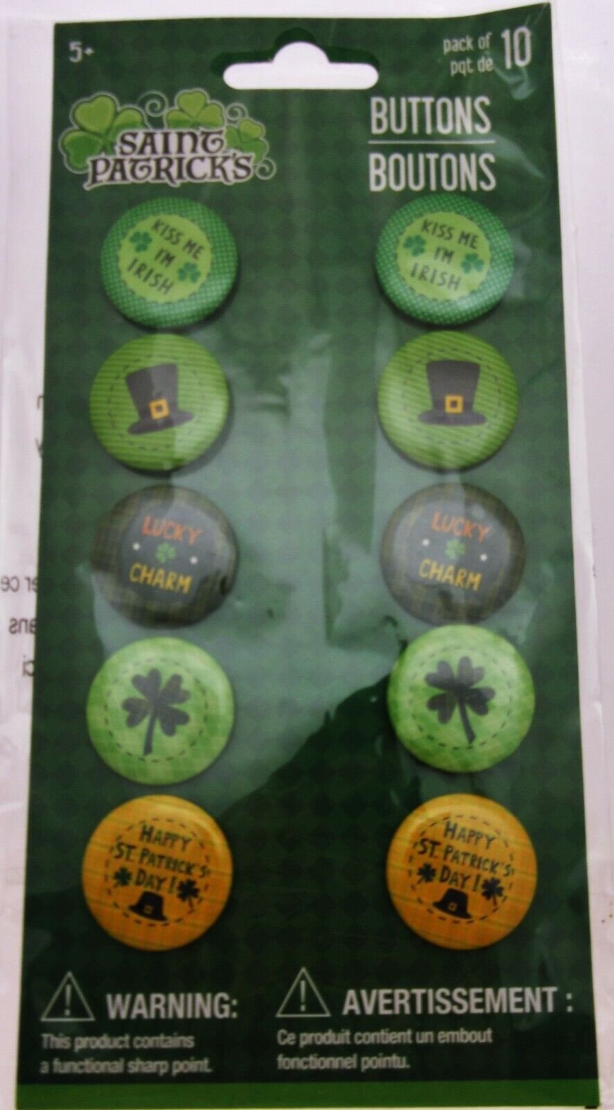 Saint Patrick's Day Pins 10 pack ~ Kiss Me I'm Irish Lucky Charm Clover