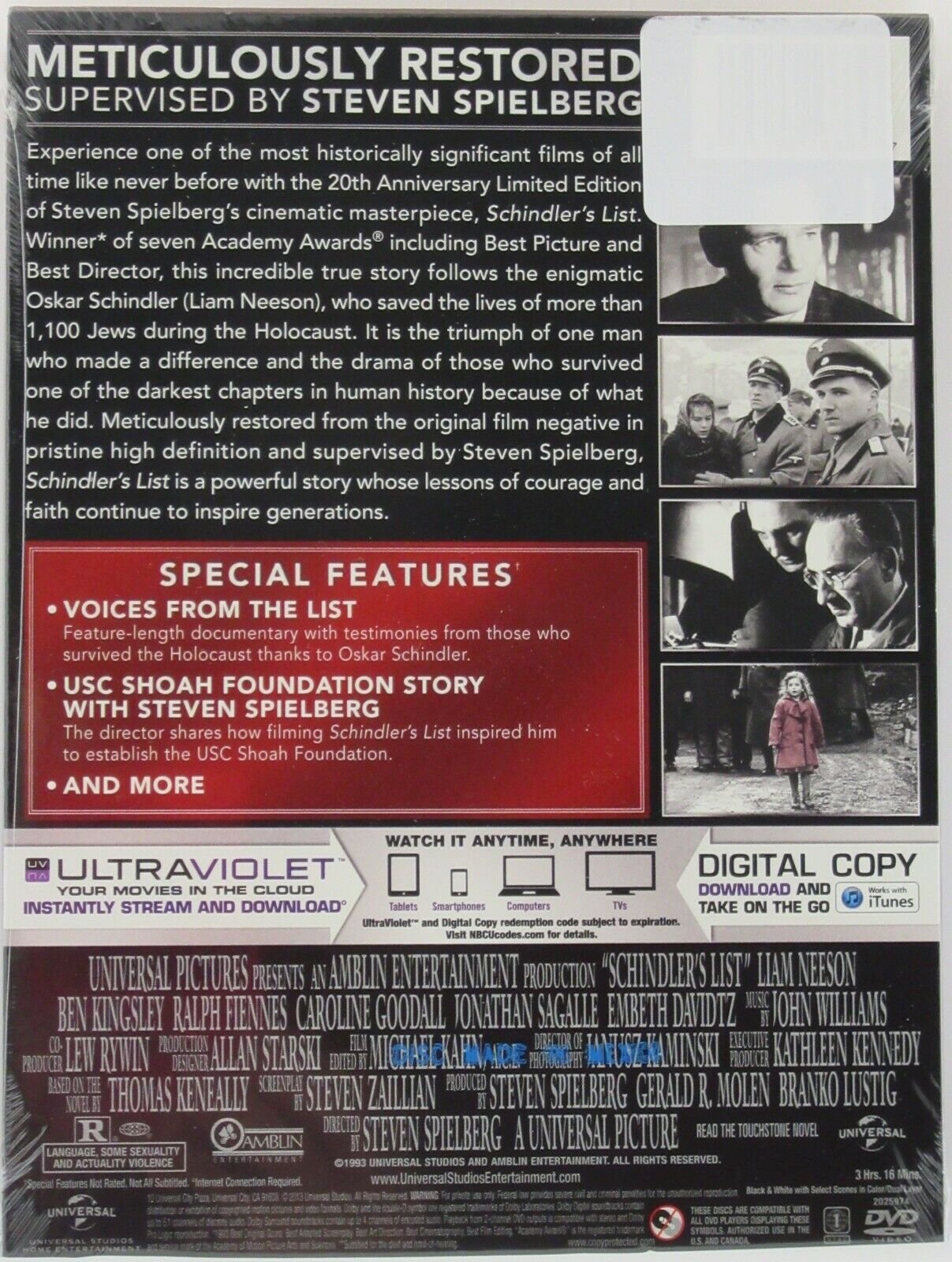 Schindler's List 20th Anniversary ~ Liam Neeson Ben Kingsley ~ Movie New DVD