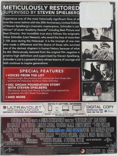 Schindler's List 20th Anniversary ~ Liam Neeson Ben Kingsley ~ Movie New DVD