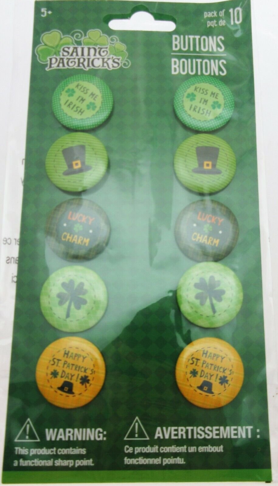 Saint Patrick's Day Pins 10 pack ~ Kiss Me I'm Irish Lucky Charm Clover