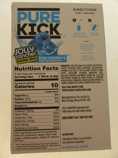 Pure Kick Energy Jolly Rancher Singles Water Drink Mix Sugar Free 3 Blue Raspber