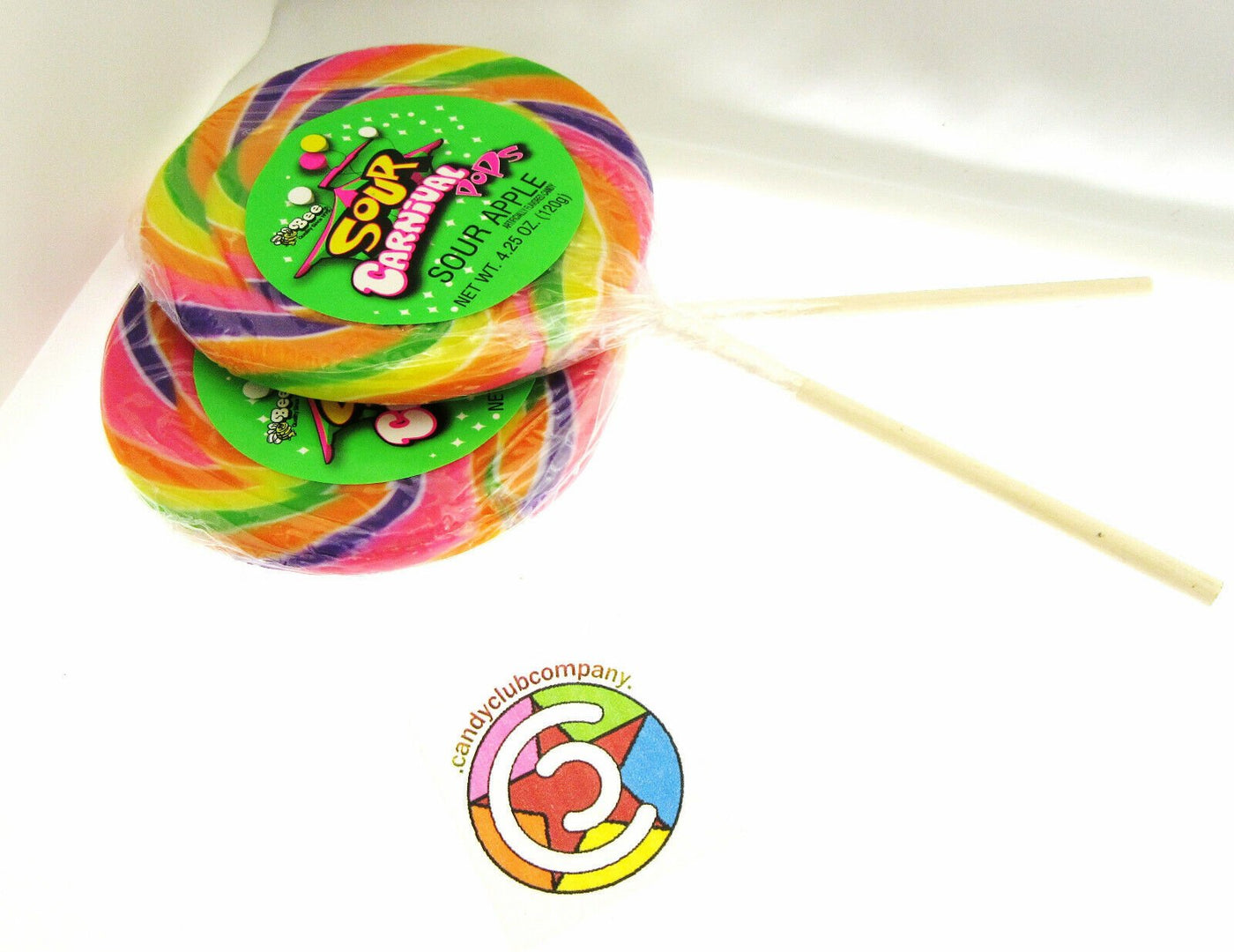 Sour Apple Carnival Pops ~ Spiral Striped Lollipop Sucker Candy ~ Lot of 2