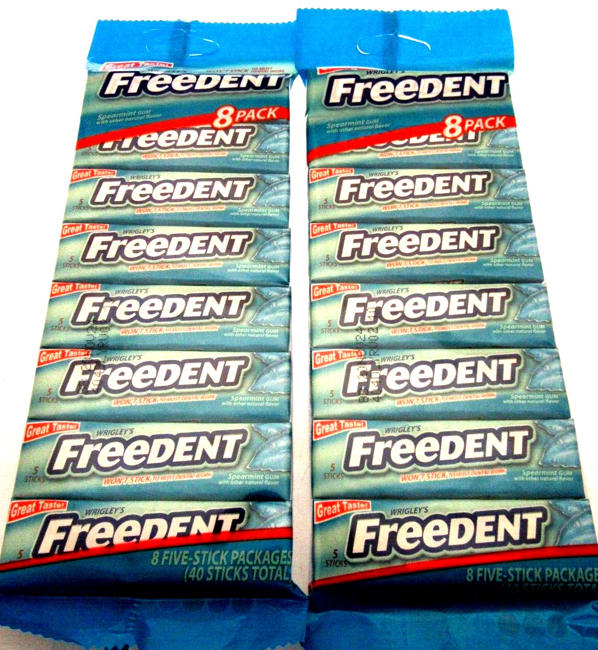 Wrigley's Freedent Gum 8 pack Spearmint 40 Sticks candy ~ Lot of 2 Minty