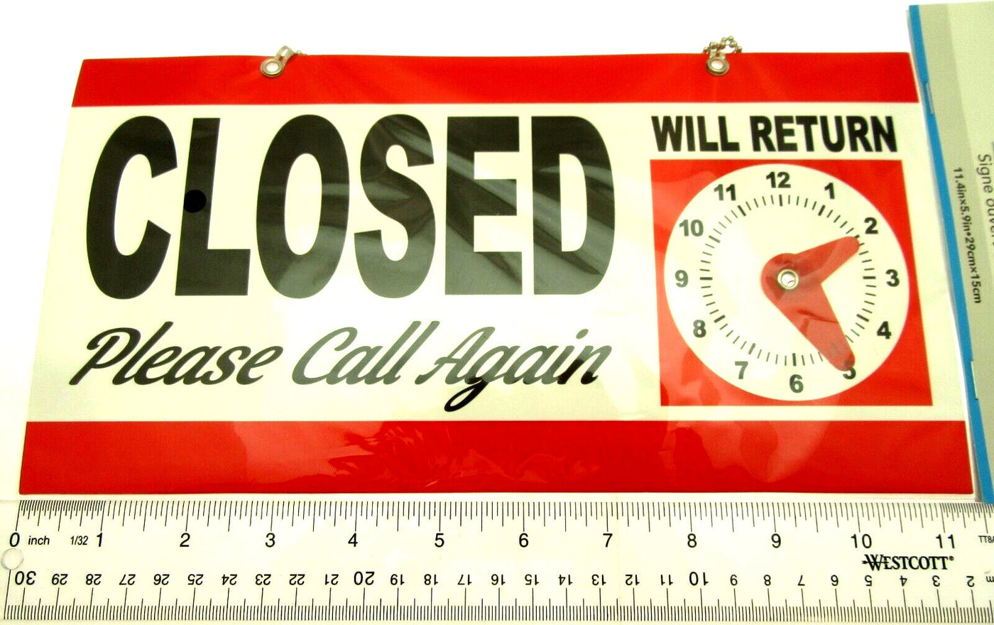 OPEN CLOSED Will Return Clock Sign with Hanger for Door Will Return - Red