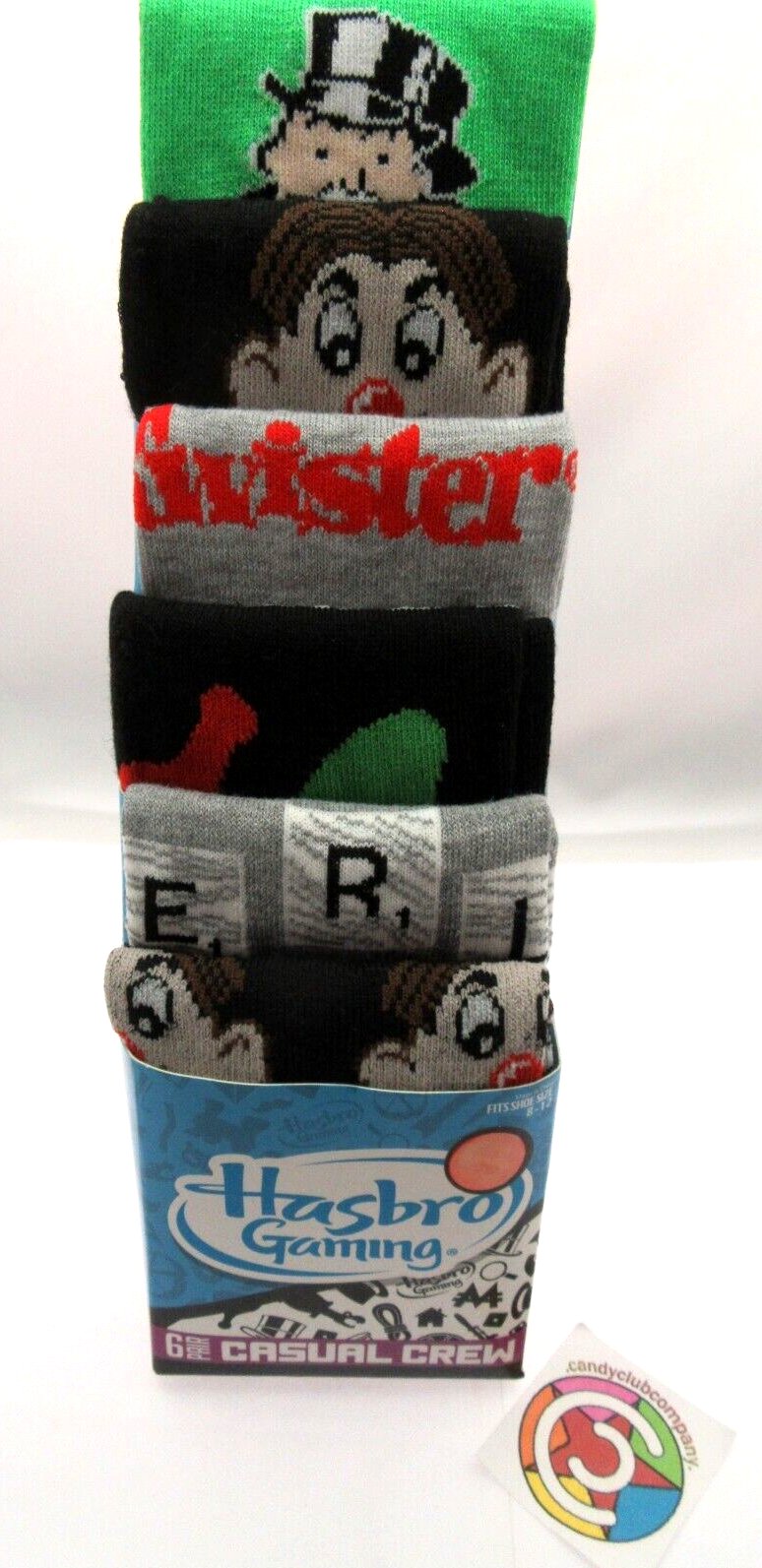 Hasbro Socks Fits Shoe Size 8-12 Casual Crew 6 Pair Monopoly Twister Sorry Games