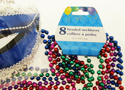 Mardi Gras Eye Mask & Necklaces Costume Mascaraed Parade New Orleans Blue Party