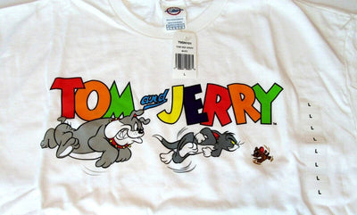 Tom and Jerry White T-Shirt ~ Large ~ cat & mouse Cartoon w/ bull dog Spike