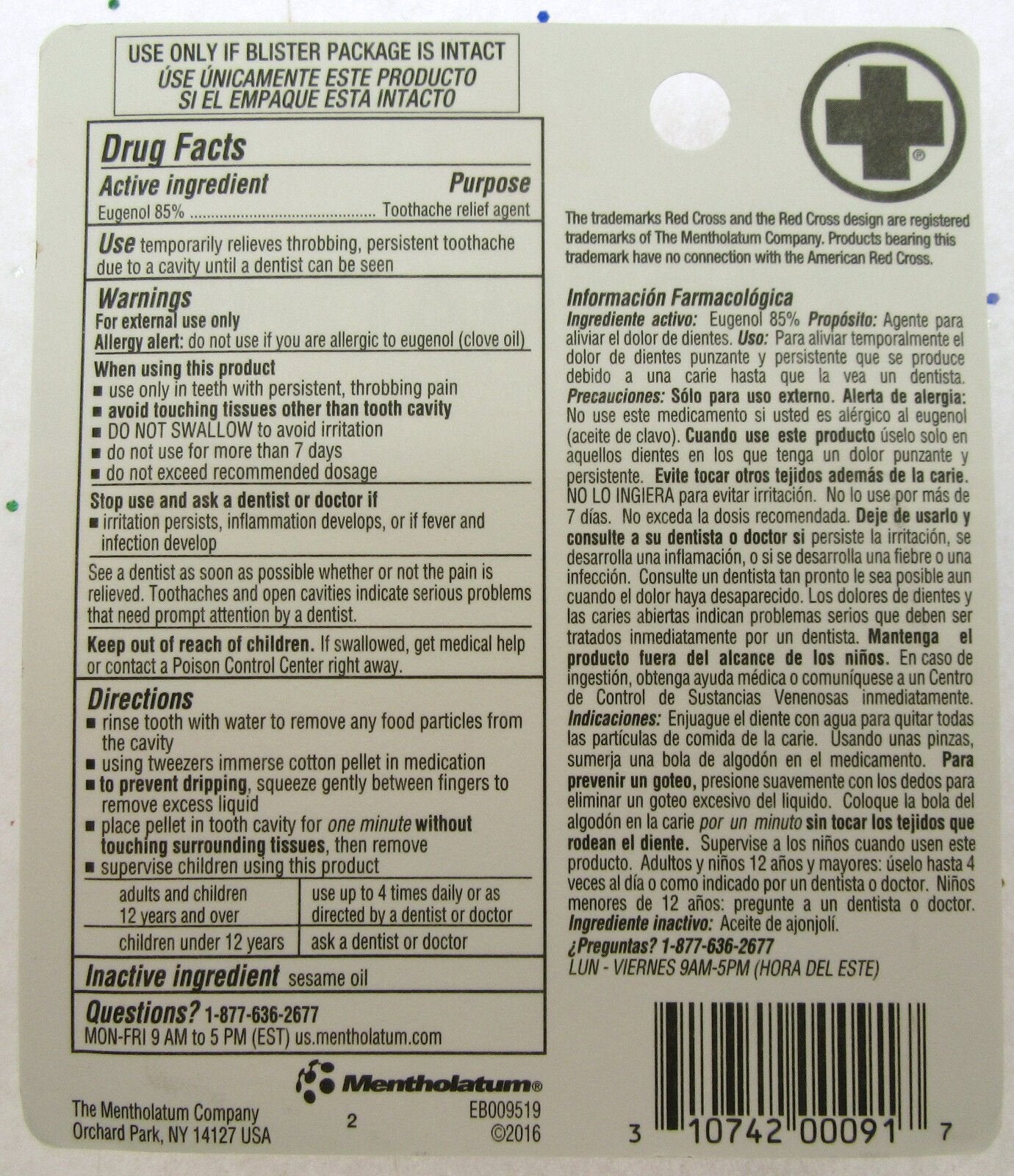 Red Cross Toothache Medication Kit ~ Instant Pain Relief ~ Eugenol Oil