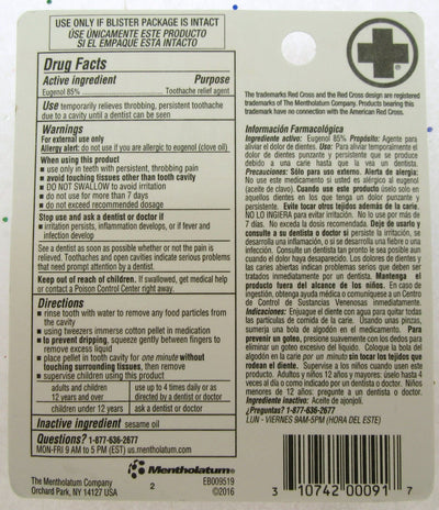 Red Cross Toothache Medication Kit ~ Instant Pain Relief ~ Eugenol Oil