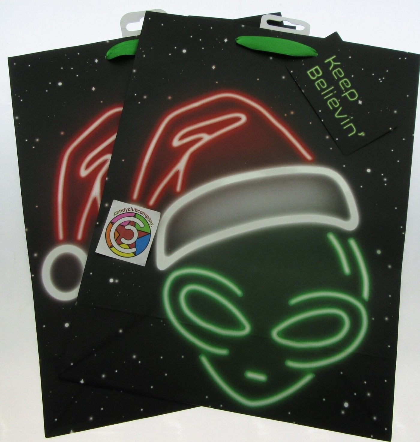 Alien in Santa Hat Gift Bags ~ Keep Believin ~ Lot of Two ~ 10" x 12.5" each