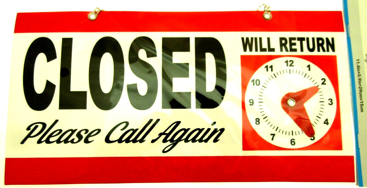 OPEN CLOSED Will Return Clock Sign with Hanger for Door Will Return - Red