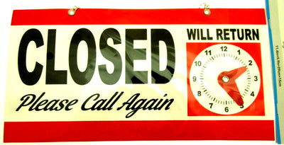 OPEN CLOSED Will Return Clock Sign with Hanger for Door Will Return - Red