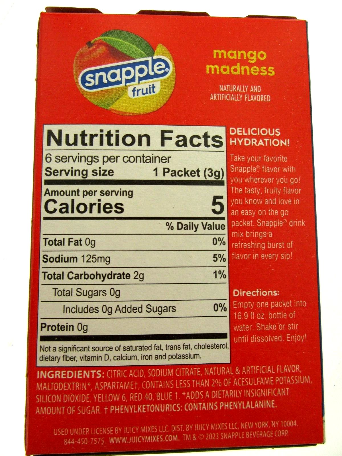 Snapple Mango Madness ~ 6 Packets ~ Low Calorie ~ Drink Mix ~ Lot of 3