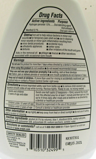 Orajel Mouth Sores Antiseptic Rinse ~ With Pain Relief ~ Fresh Mint ~ 16oz